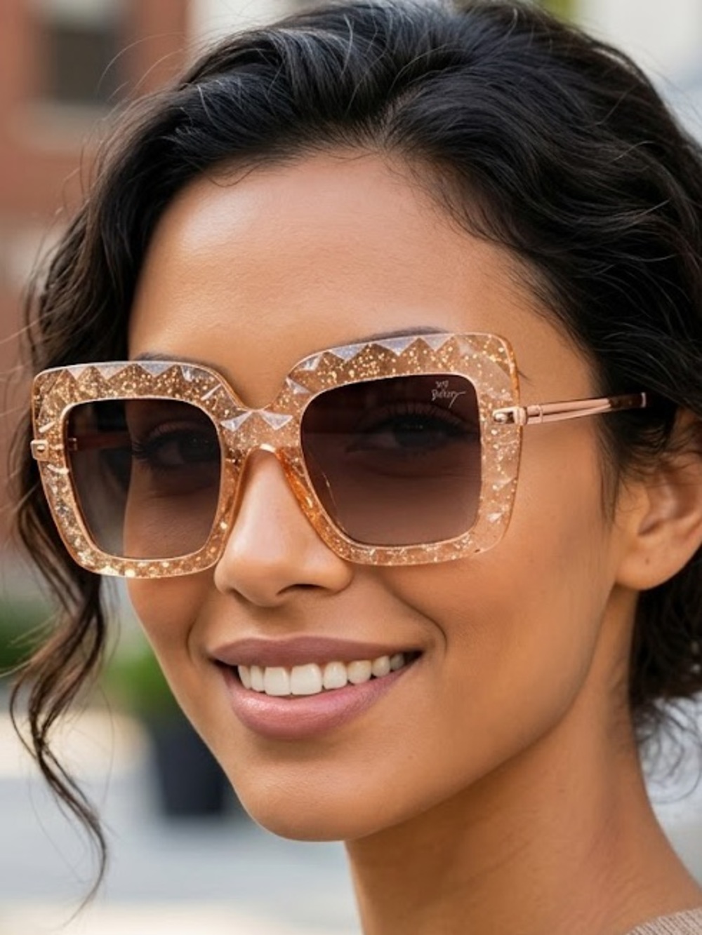 Betsey Johnson Women Oversized Rose Gold Glitter Square Sunglasses Sparkle Delux